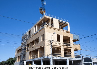 Mass timber construction, featuring CLT, Glulam, and other elements. - Shutterstock ID 2350793895