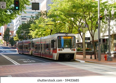 Mass Transit Train In Downtown Portland Oregon