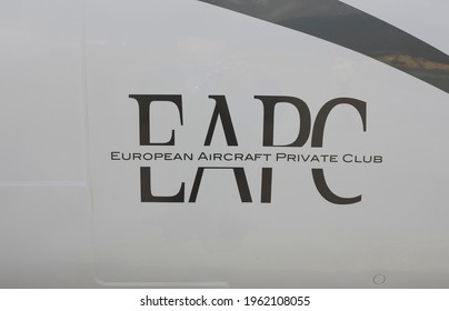 Massa, Italy - April 20 2021: Pilatus PC-12 airplane. Detail of the European Aircraft Private Club logo.