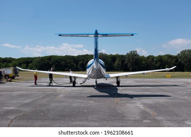 Massa, Italy - April 20 2021: Pilatus PC-12 airplane. View from the tail.