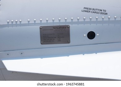 Massa, Italy - April 20 2021: Pilatus PC-12 airplane. Detail of registration placard.