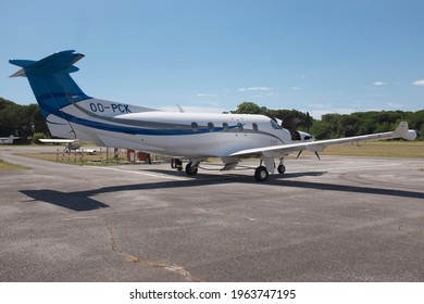 Massa, Italy - April 20 2021: Pilatus PC-12 airplane. View of right handside from the back.