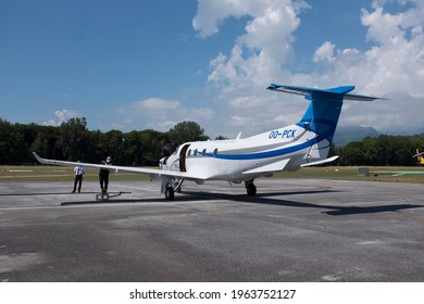 Massa, Italy - April 20 2021: Pilatus PC-12 airplane. View of the left handside, from the back.
