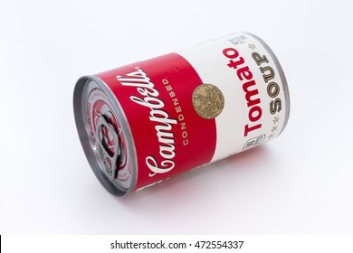 Massa, Italy - August 19, 2016: Campbell's condensed tomato soup can. The Campbell Soup Company, is an American producer of canned soups. Andy Warhol used Campbell's soup cans in pop art.