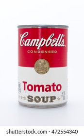 Massa, Italy - August 19, 2016: Campbell's condensed tomato soup can. The Campbell Soup Company, is an American producer of canned soups. Andy Warhol used Campbell's soup cans in pop art.