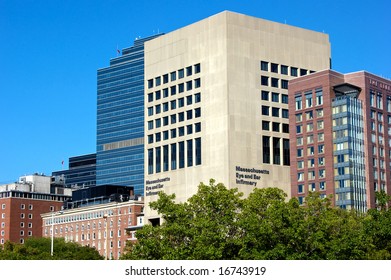 Massachusetts Eye And Ear Infirmary Nestled Inbetween Glass And Brick Buildings In Boston