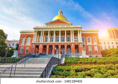 Massachusetts State House In Boston Historic City Center, Located Close To Landmark Beacon Hill