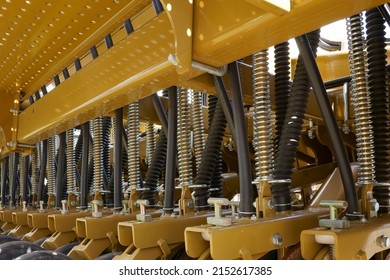 Massachusetts, United States -April 15, 2022: Closeup Of Pressure Springs And Tubes Of ESCH No Till Drill Machine For Grain Planting And Seeding Lincoln