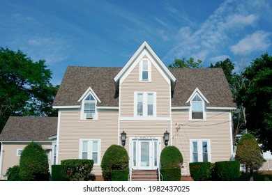 Massachusetts, United States-July 23, 2020: Historical Gothic Revival House In Medway Village National Historical District