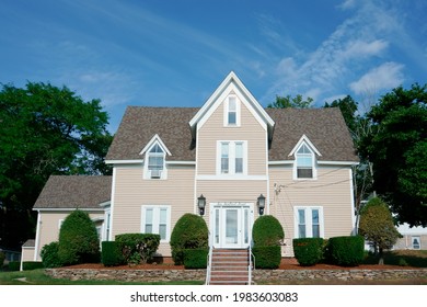 Massachusetts, United States-July 23, 2020: Historical Gothic Revival House In Medway Village National Historical District