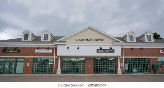 Massachusetts, United States-June 18, 2022: Local Business In Horace Mann Square Franklin