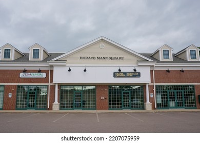 Massachusetts, United States-June 18, 2022: Local Business In Horace Mann Square Franklin