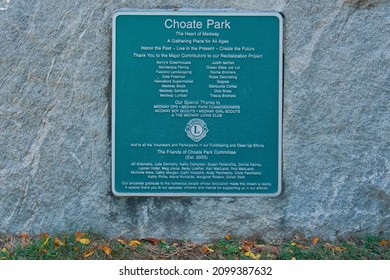 Massachusetts, United States-October 15, 2020: Memorial plaque to thank the contributors for the revitalization of Choate Park Medway 