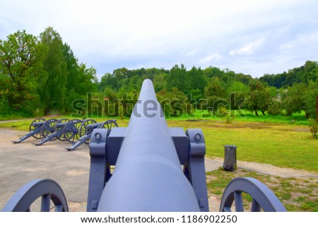 A massive cannon seen from the loading side with two wheels on the sides and three more cannons visible in the distance located on a path near a lawn and a set of trees seen during autumn day