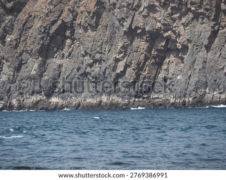 Massive dark cliffside texture dropping into wavy ocean water in bright daylight