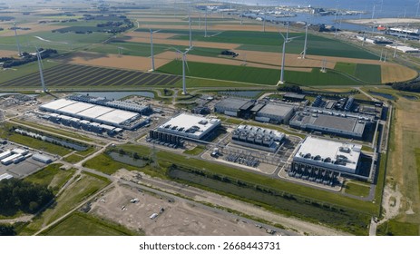 massive data center, computing center, aerial video in the Eemshaven, The Netherlands.