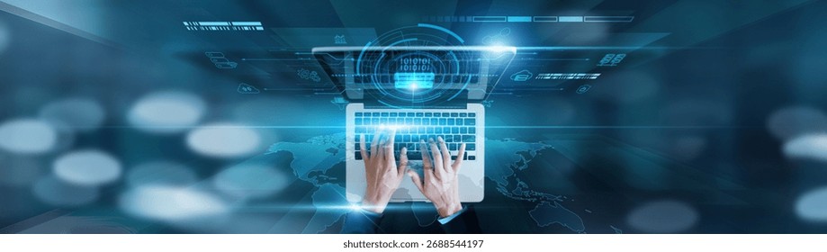 Massive datasets, real-time processing. Businessman using laptop with data mining, predictive modeling, storage optimization, algorithm tuning, business insights.