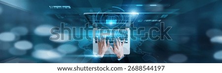 Massive datasets, real-time processing. Businessman using laptop with data mining, predictive modeling, storage optimization, algorithm tuning, business insights.