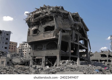  the massive destruction in the Abu Al-Kass area in the Al-Rimal neighborhood in the central Gaza Strip after it was targeted by warplanes