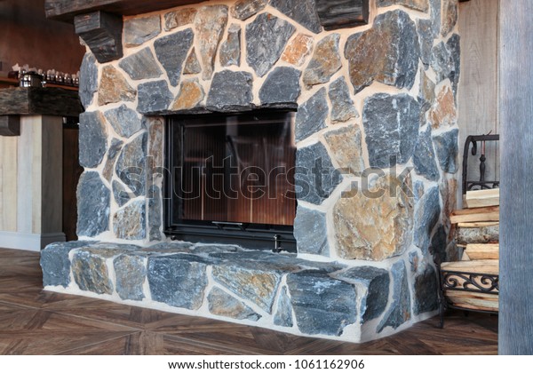 Massive Fireplace Hewn Stone On Beautiful Stock Photo Edit Now