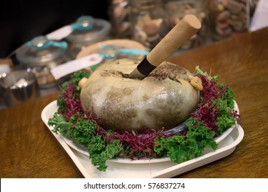 Massive Haggis Food Dish With Knife Stuck In It.
Part Of Burns Night Celebrations In Edinburgh, Scotland.