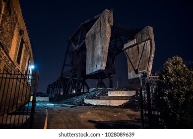 Massive Industrial Chicago Bascule Railroad Train Bridge At Night.