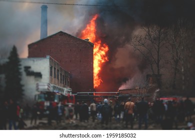 Massive Large Blaze Fire In The City, Brick Factory Building On Fire, Hell Major Fire Explosion Flame Blast,  With Firefighters Team Firemen On Duty, Arson, Burning House Damage Destruction 