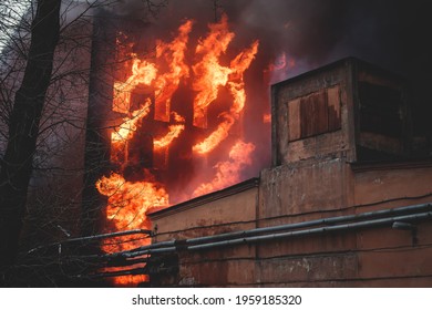 Massive Large Blaze Fire In The City, Brick Factory Building On Fire, Hell Major Fire Explosion Flame Blast,  With Firefighters Team Firemen On Duty, Arson, Burning House Damage Destruction 