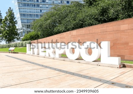 Massive Liverpool sign by Liverpool One in the city centre, great photo opportunity for tourists. Liverpool famous city in north west England, United Kingdom.