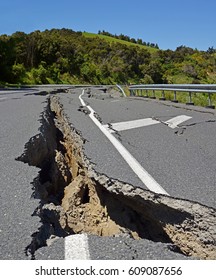 Massive Road Cracks Appear During The Huge 2016 Kaikoura Earthquake In New Zealand. The Earthquake Measured 7.8 On The Richter Scale And Moved The Whole South Island Several Metres North.