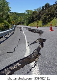 Massive Road Cracks Appeared In The Hunderlee Hills On Highway One, North Canterbury After The 2016 7.8 Richter Scale Kaikoura Earthquake In New Zealand.