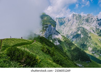 Massive rock formation in the Swiss alps, unique mountain, Swiss Alps mountains at Saxer Lucke Appenzell Switzerland