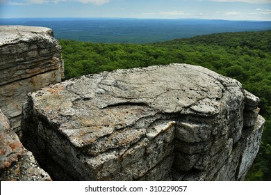 Massive rocks and view to the valley at Minnewaska State Park Reserve Upstate NY during summer time