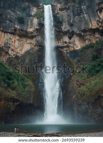 A massive, sheer cliff face frames a dramatically high waterfall plunging into a turquoise pool, with a few small people at the base.