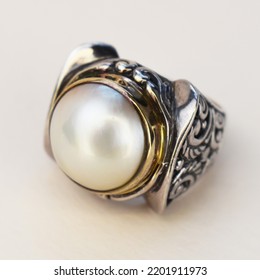 Massive Silver Ring With Huge Pearl, Old Statement Jewelry