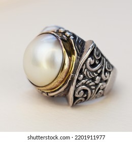 Massive Silver Ring With Huge Pearl, Old Statement Jewelry