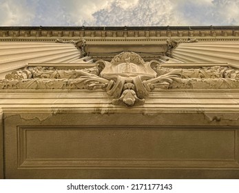 Massive Stone Columns Reach Towards The Sky. Looking Up At Architectural Details At The Entrance To The Illinois Supreme Court Building In Springfield, IL, USA.