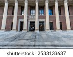 Massive stone staircase leading to Harvard’s iconic Widener Library entrance in Cambridge, Massachusetts, USA