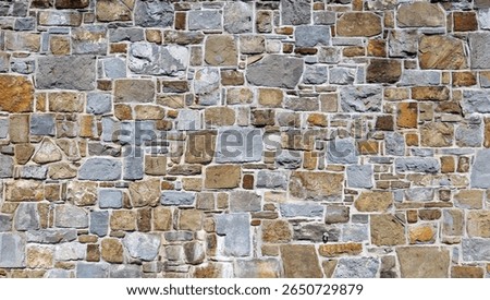 Massive stone wall made of irregular flat multicolored rocks on concrete. Full frame. Background and texture.