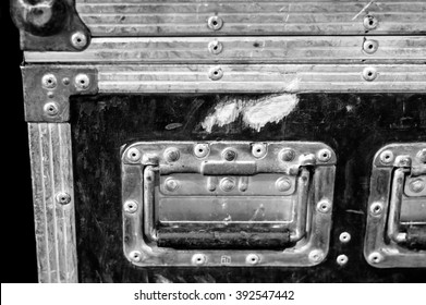  Massive and strong steel transport suitcase close up, black and white image 