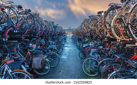 Massive Two Level Bicycle Parking At Amsterdam Central Station, The Netherlands