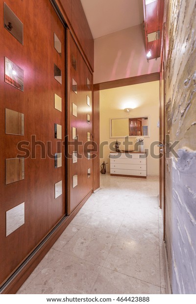 Massive Wardrobe Sliding Doors Decorations Mirror Stock Photo