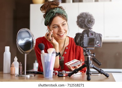 Massmedia, E-commerce And Modern Technology Concept. Beautiful Young Woman Vlogger Celebrity Working On New Content For Her Video Blog, Sharing Beauty Tips With Her Followers Via Social Networks