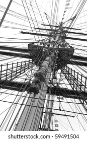 Mast and ropes of a classic sailboat, impression in black and white
