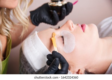 The Master Apply Scrub On Eyebrows With Wooden Stick For Prepare Them To Dyeing.