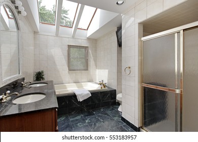 Master bath in suburban home with skylights above bathtub.
