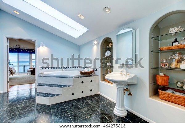 Master Bathroom Blue Marble Tile Floor Royalty Free Stock