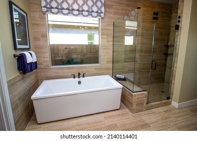 Master Bathroom Corner See Through Glass Shower And Bathtub