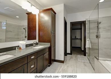 Master Bathroom Interior With Double Sink Vanity Cabinet And Walk In Shower . Northwest, USA