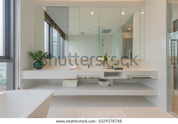 Master Bathroom Interior Walk Shower White Stock Image